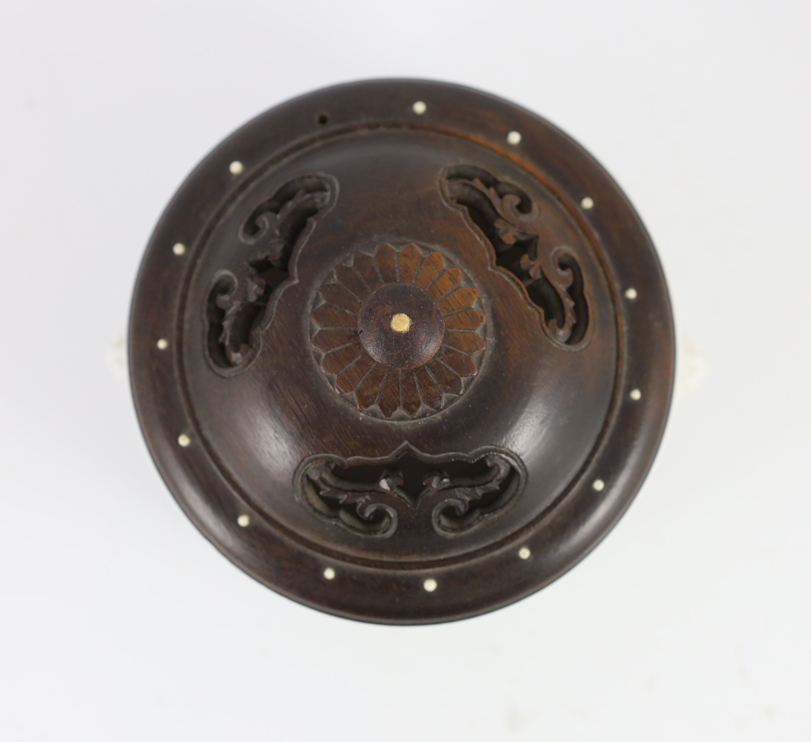 A Chinese blanc-de-chine inscribed censer, Dehua kilns, Kangxi period, 15 cm wide, later wood cover, small to chip to edge of foot